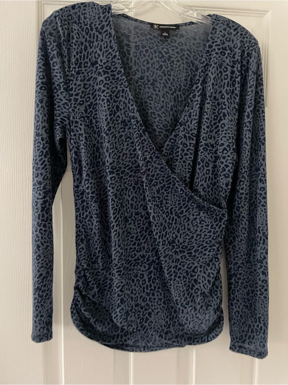 INC International Concepts Navy Blue Leopard Wrap-Front Long Sleeve Top